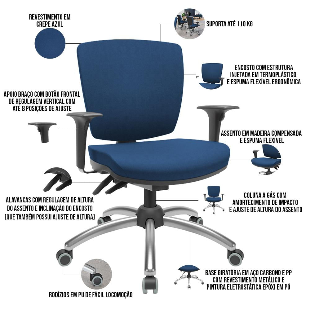 Encontraproduto.com.br - Cadeira de Escritório Executiva Office Base Giratória Cromada Baixa Flexi P03 Poliéster Azul - Lyam