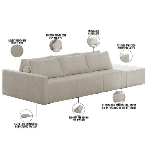 Encontraproduto.com.br - Sofá Ilha Modular Para Sala 342cm Com Puff Dublin K01 Bouclê Bege - Lyam Decor