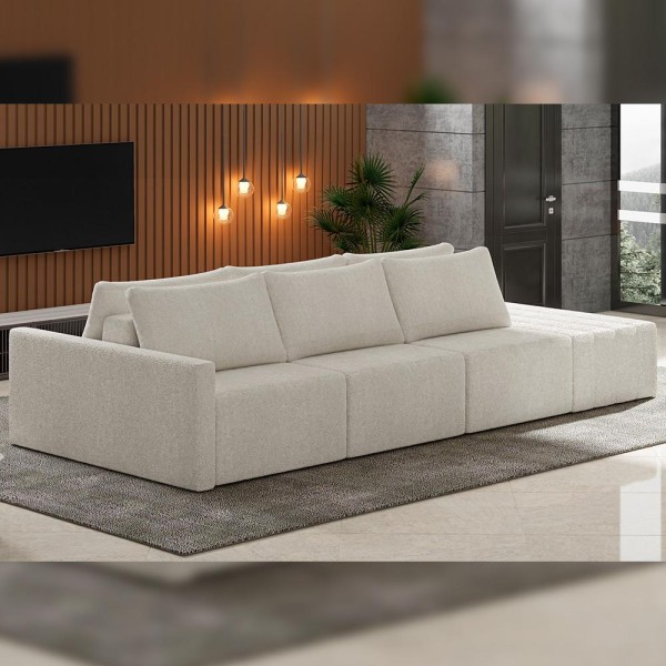 Encontraproduto.com.br - Sofá Ilha Modular Para Sala 342cm Com Puff Dublin K01 Bouclê Bege - Lyam Decor