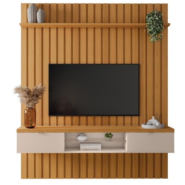 Encontraproduto.com.br - Painel Ripado TV 182cm Wise e Bancada Suspensa Orion B01 Cinamomo Off White - Lyam Decor