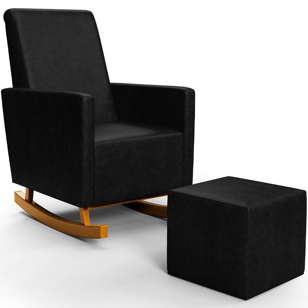 Poltrona De Amamentação Com Balanço E Puff Ravena W01 Couríssimo Preto - Lyam Decor