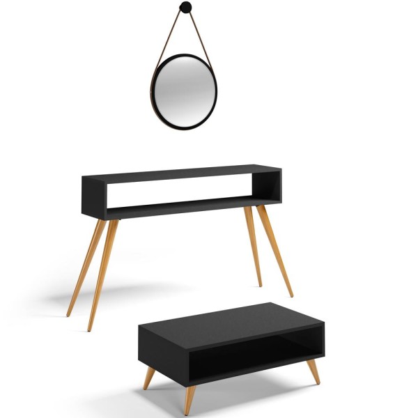 Encontraproduto.com.br - Kit Aparador Com Mesa De Centro Mônaco E Espelho Adnet 54cm Preto L03 Preto