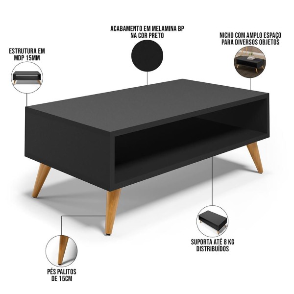 Encontraproduto.com.br - Kit Aparador Com Mesa De Centro Mônaco E Espelho Adnet 54cm Preto L03 Preto