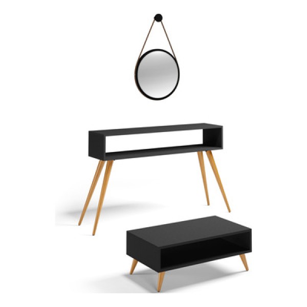 Encontraproduto.com.br - Kit Aparador Com Mesa De Centro Mônaco E Espelho Adnet 54cm Preto L03 Preto