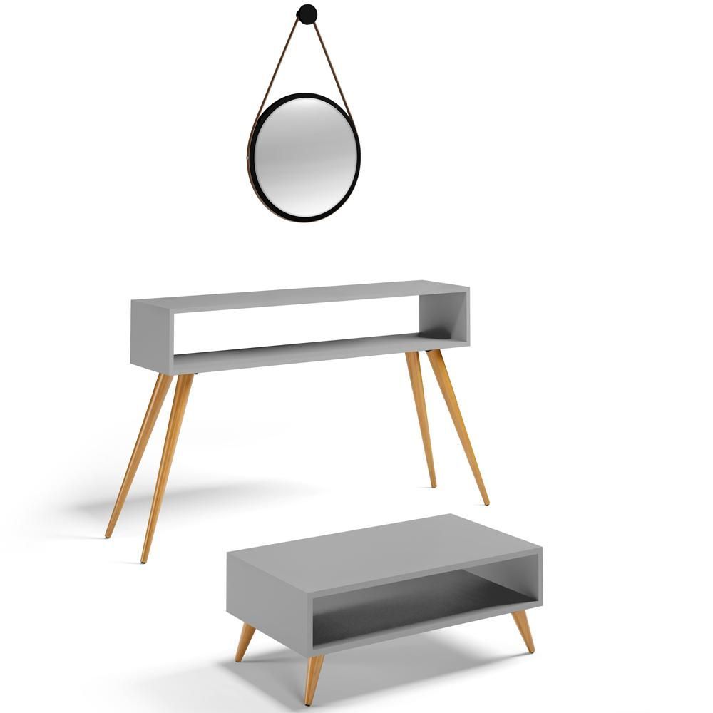 Kit Aparador Com Mesa De Centro Mônaco E Espelho Adnet 54cm Preto L03 Cinza - Lyam Decor