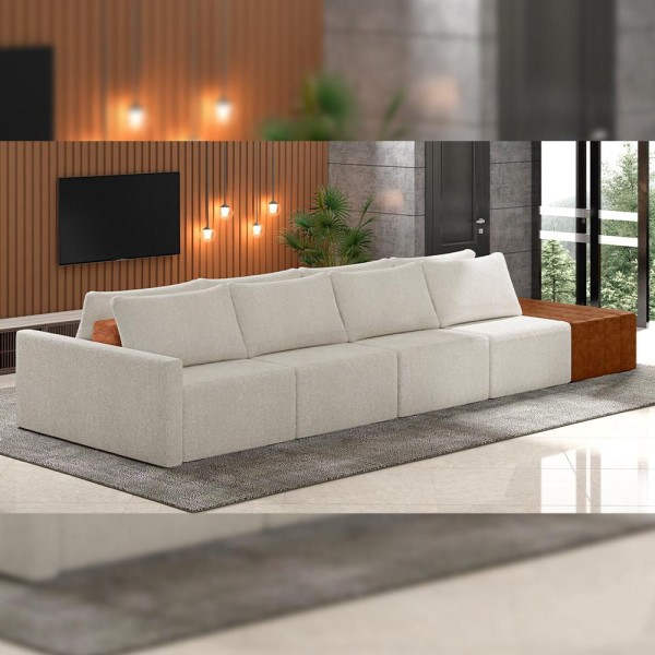 Encontraproduto.com.br - Sofá Ilha Modular Para Sala 432cm com Puff Dublin K01 Bouclê Creme Sintético Caramelo - Lyam Decor