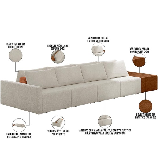 Encontraproduto.com.br - Sofá Ilha Modular Para Sala 432cm com Puff Dublin K01 Bouclê Creme Sintético Caramelo - Lyam Decor