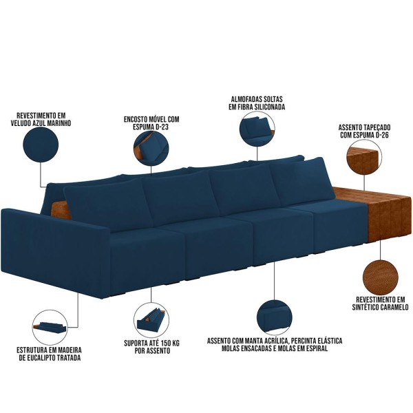 Encontraproduto.com.br - Sofá Ilha Modular Para Sala 432cm com Puff Dublin K01 Veludo Azul Sintético Caramelo - Lyam Decor