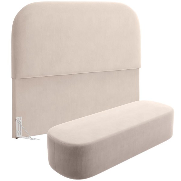 Cabeceira Cama Box Queen 160cm Lanna com Puff Recamier Doha W01 Suede Bege - Lyam Decor