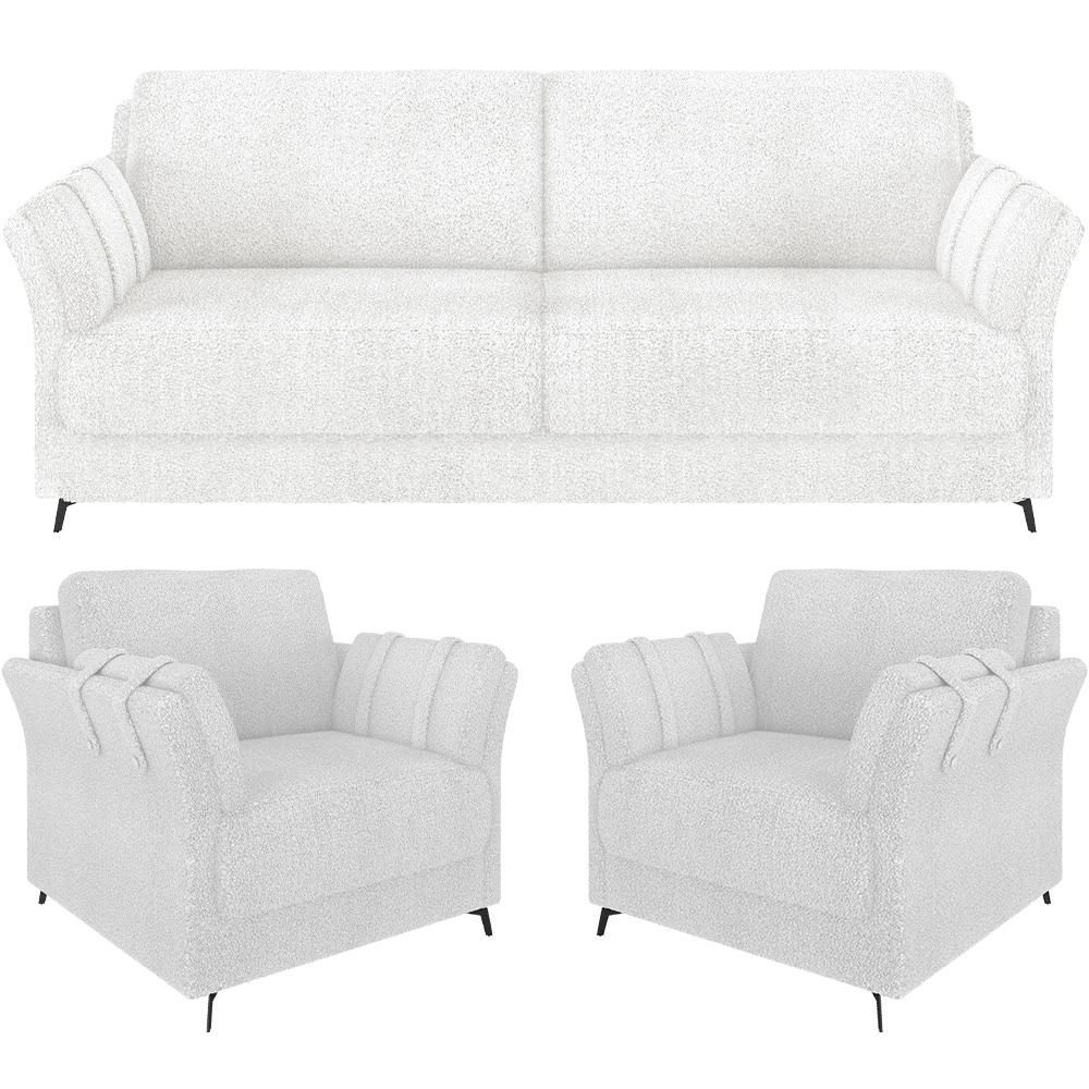 Kit Sofá 2 Lugares 164cm Com 02 Poltronas álamo M03 Bouclê Bege Claro - Lyam Decor