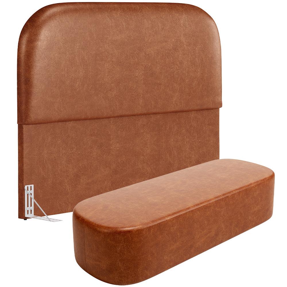 Cabeceira Cama Box Casal 140cm Lanna com Puff Recamier Doha W01 Couríssimo Camel - Lyam Decor
