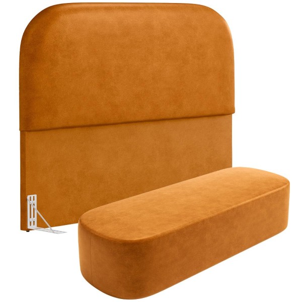 Cabeceira Cama Box King 195cm Lanna com Puff Recamier Doha W01 Couríssimo Whisky - Lyam Decor
