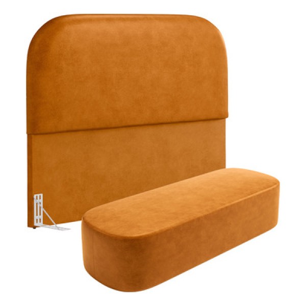 Encontraproduto.com.br - Cabeceira Cama Box King 195cm Lanna com Puff Recamier Doha W01 Couríssimo Whisky - Lyam Decor