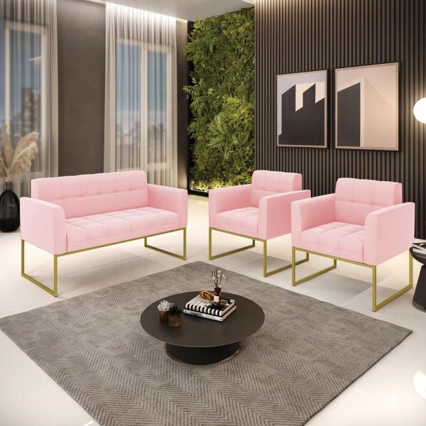 Encontraproduto.com.br - Kit 1 Sofá Namoradeira e 2 Poltronas Elisa Suede Rosa Bebê Base Metálica Industrial Dourado - D'Rossi
