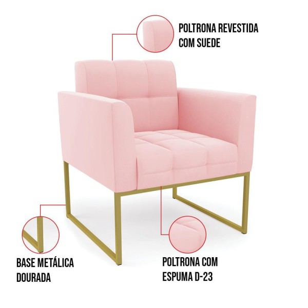 Encontraproduto.com.br - Kit 1 Sofá Namoradeira e 2 Poltronas Elisa Suede Rosa Bebê Base Metálica Industrial Dourado - D'Rossi
