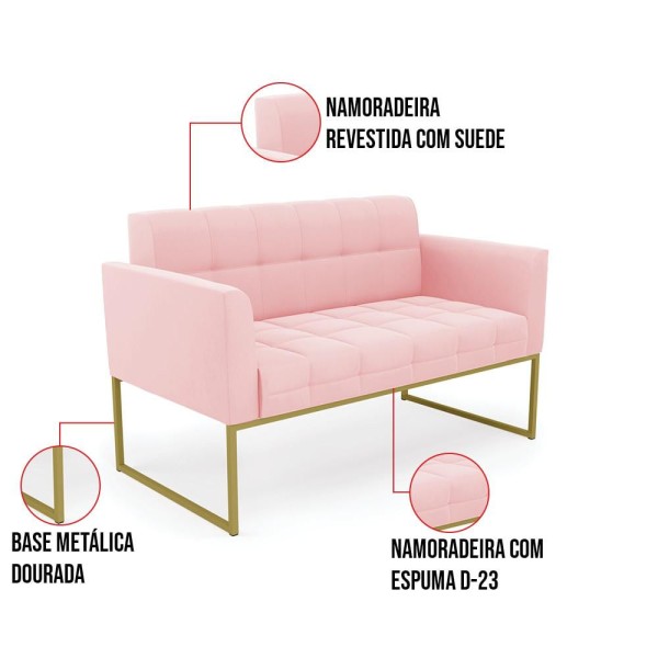 Encontraproduto.com.br - Kit 1 Sofá Namoradeira e 2 Poltronas Elisa Suede Rosa Bebê Base Metálica Industrial Dourado - D'Rossi
