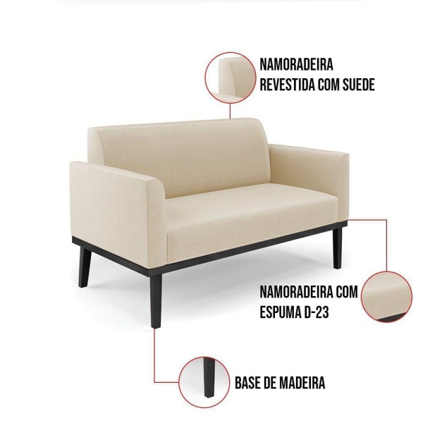 Encontraproduto.com.br - Sofá Namoradeira Com 2 Poltronas Base De Madeira Fixa Preto Marisa Suede D03 - D'Rossi Bege
