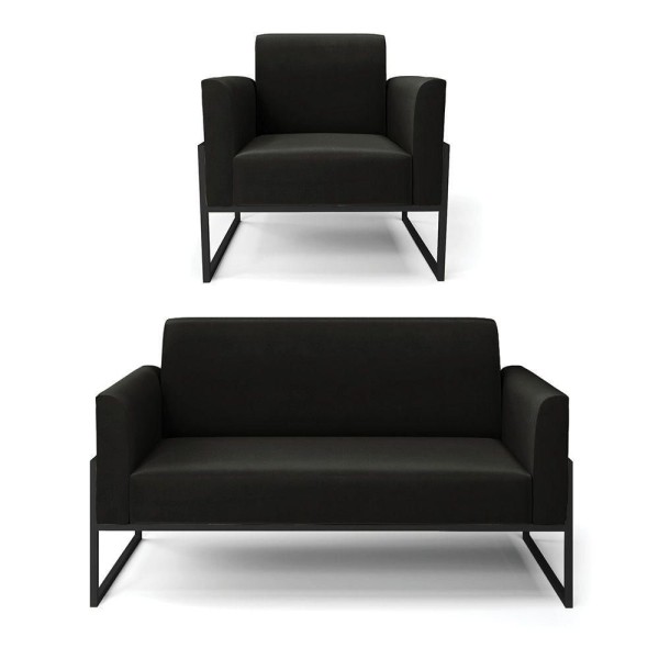 Sofá Namoradeira Com Poltrona Base Industrial Alta Preto Marisa Suede Preto D03 - D'rossi