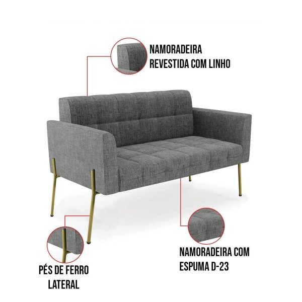 Encontraproduto.com.br - Sofá Namoradeira E Poltrona Base Pé De Ferro Dourado Elisa Linho Grafite A26 D03 - Drossi