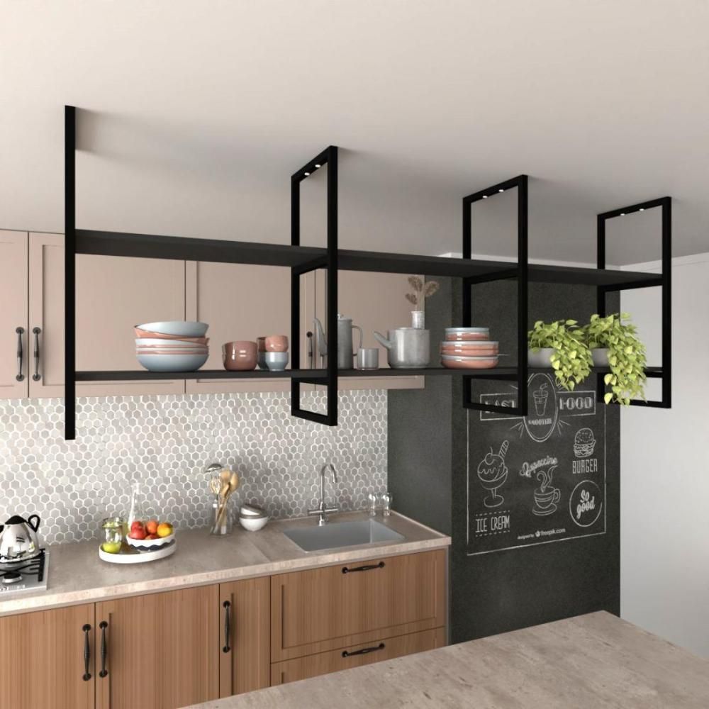 Encontraproduto.com.br - Prateleira Suspensa Industrial Industrial Preto Estante Mdf Nichos Cozinha Prateleira Suspensa Teto