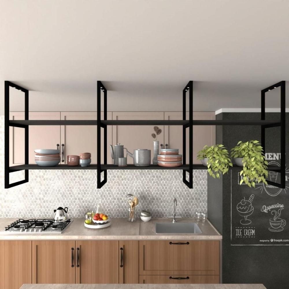 Encontraproduto.com.br - Prateleira Suspensa Industrial Industrial Preto Estante Mdf Nichos Cozinha Prateleira Suspensa Teto