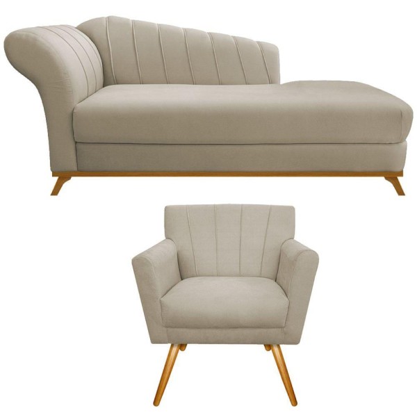 Kit Diva Recamier Vanessa 185cm Lado Direito E 01 Poltrona Laura Suede Bege