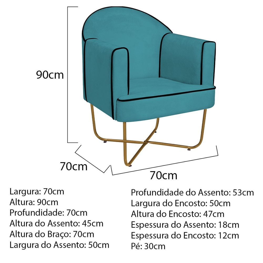 Encontraproduto.com.br - Kit 02 Poltronas Athena Base X Dourada Suede Cor Azul Turquesa
