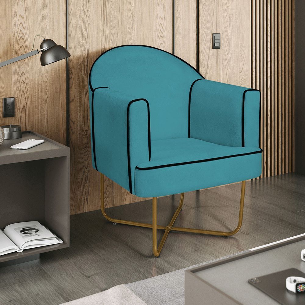 Encontraproduto.com.br - Kit 02 Poltronas Athena Base X Dourada Suede Cor Azul Turquesa