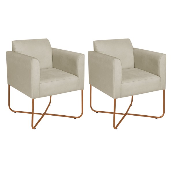 Kit 02 Poltronas Decorativas Andréia Base X Bronze Sintético Cor Bege