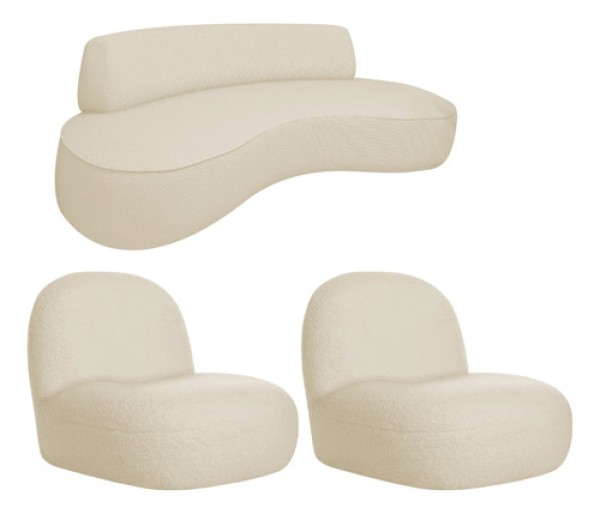 Encontraproduto.com.br - Sofá Curvo 140cm 2 Lugares E 2 Poltrona Amsterdã Linho - Doce Sonho Móveis Cor Bege