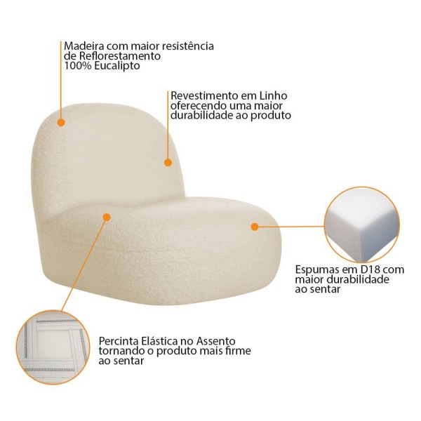 Encontraproduto.com.br - Sofá Curvo 140cm 2 Lugares E 2 Poltrona Amsterdã Linho - Doce Sonho Móveis Cor Bege