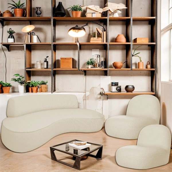 Encontraproduto.com.br - Sofá Curvo 140cm 2 Lugares E 2 Poltrona Amsterdã Linho - Doce Sonho Móveis Cor Bege