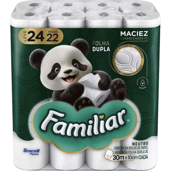 Papel Higiênico Familiar Folha Dupla - 30m Pacote com 24 rolos