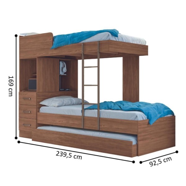 Encontraproduto.com.br - Treliche Solteiro Brighton Reforçada Com 3 Gavetas Jatobá