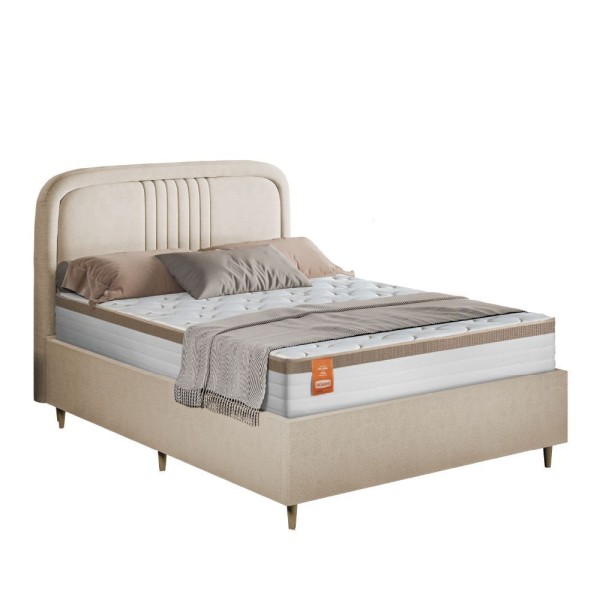 Encontraproduto.com.br - Conjunto Base Cama Box Casal Desmontável E Cabeceira Chicago Suede Bege Dobuê Bege