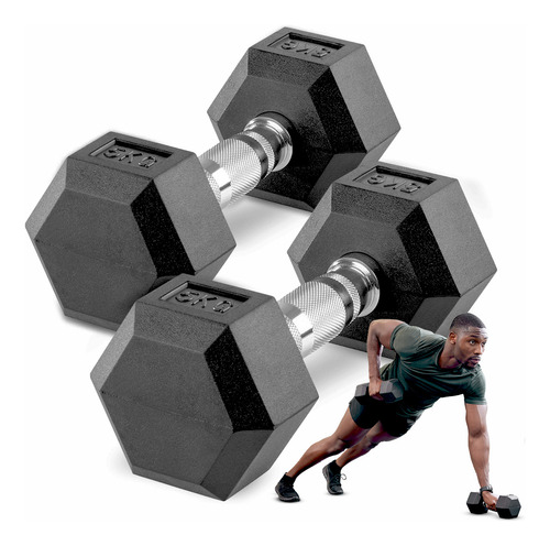 Halter dumbbell emborrachado sextavado cromado peso 5kg cor preto - Par
