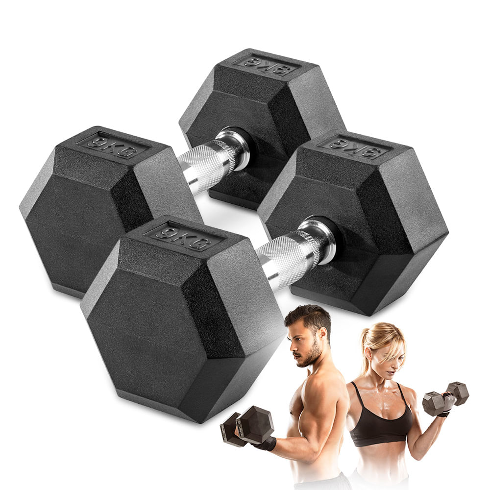 Halter dumbbell emborrachado sextavado cromado peso 9kg cor preto - Par
