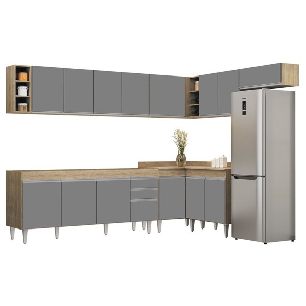 Armário De Cozinha Modulado De Canto 8 Peças Cp25 Balcão Sem Tampo Castanho-cinza