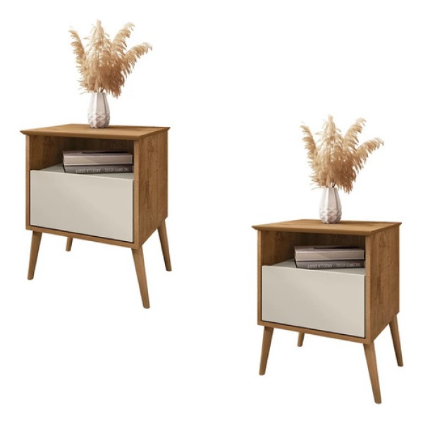 Encontraproduto.com.br - Mesa de Cabeceira Kit 2 45cm 1 Gaveta Caribe B02 Naturalle/Off White - Mpozenato