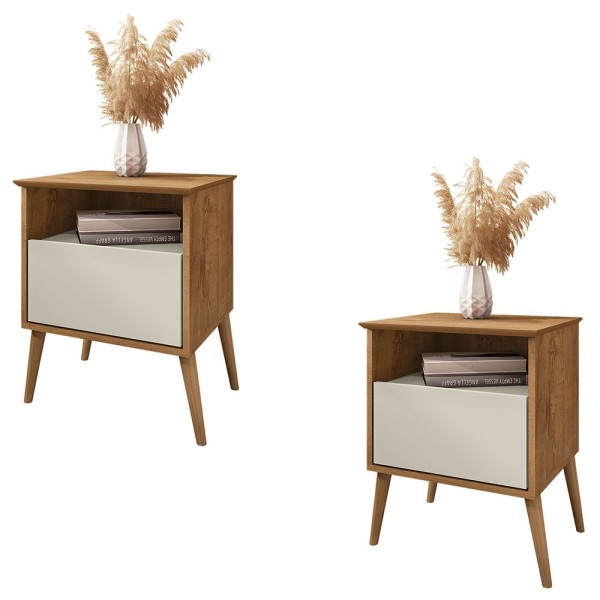 Encontraproduto.com.br - Mesa de Cabeceira Kit 2 45cm 1 Gaveta Caribe B02 Naturalle/Off White - Mpozenato