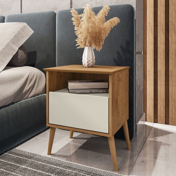 Encontraproduto.com.br - Mesa de Cabeceira Kit 2 45cm 1 Gaveta Caribe B02 Naturalle/Off White - Mpozenato