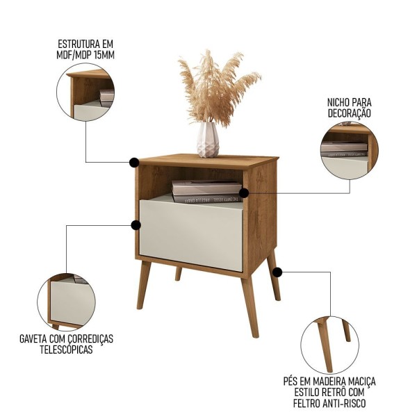 Encontraproduto.com.br - Mesa de Cabeceira Kit 2 45cm 1 Gaveta Caribe B02 Naturalle/Off White - Mpozenato