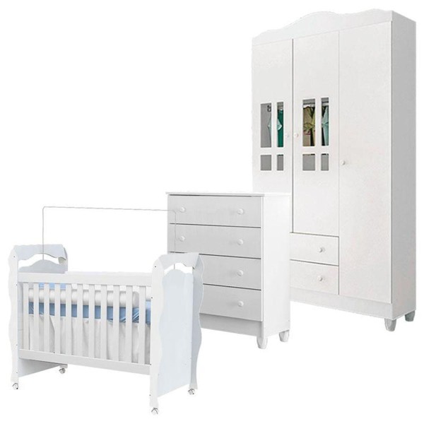 Encontraproduto.com.br - Quarto De Bebê 3 Portas Com Gaveteiro Ariel E Berço New Nanda Branco Brilho - Carolina