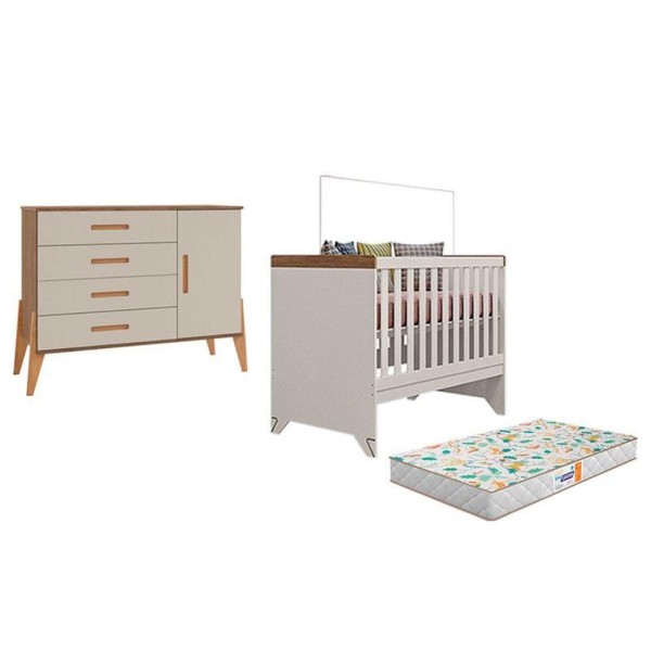 Encontraproduto.com.br - Berço Americano Retro Maya E Cômoda Com Porta Emilly Off White Com Colchão Gazin - Canaã