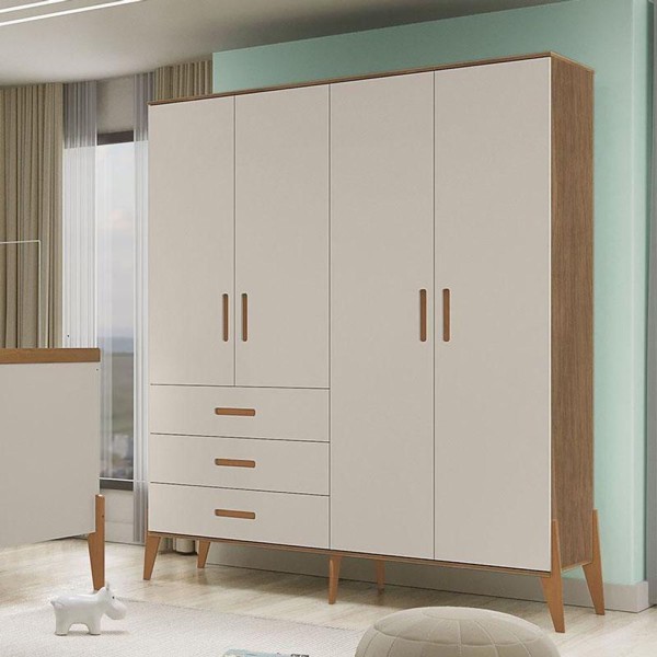 Encontraproduto.com.br - Quarto De Bebê Gaveteiro Emilly 4p E Berço Americano Maya Off White Carvalho Com Colchão Gazin