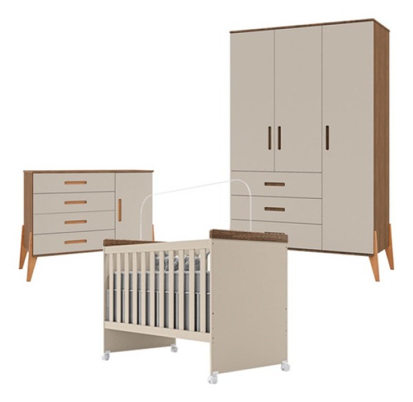 Encontraproduto.com.br - Quarto De Bebê Emilly 3 Portas Com Berço Mini Cama Lívia Off White Carvalho - Canaã