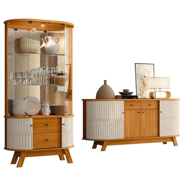 Encontraproduto.com.br - Aparador Para Sala Buffet Mônaco E Cristaleira Moss Cinamomo Off White - Madetec