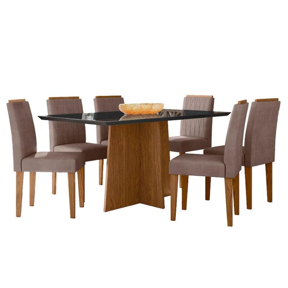Encontraproduto.com.br - Mesa De Jantar Ambiente Anitta 160x90 Cm Com Vidro Ype Preto E 6 Cadeiras Ana Ype Veludo Marrom Rose - New Ceval