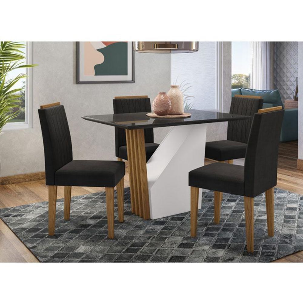 Encontraproduto.com.br - Mesa De Jantar Ambiente Veneza 120x80 Cm Com Vidro Ype Preto E 4 Cadeiras Ana Ype Veludo Preto - New Ceval