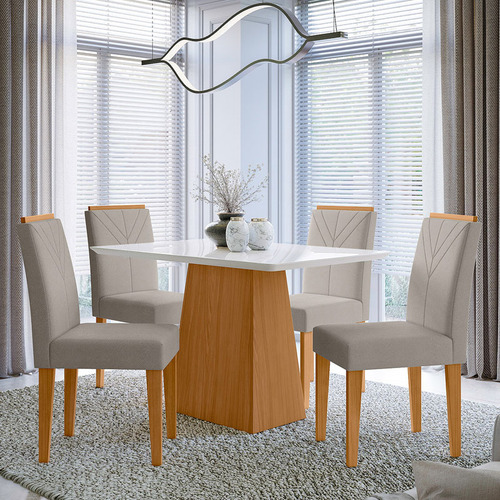 Encontraproduto.com.br - Mesa De Jantar 120 Cm Ambiente Bárbara Com Vidro Ype Off White E 4 Cadeiras Amanda Ype Animale Areia - New Ceval